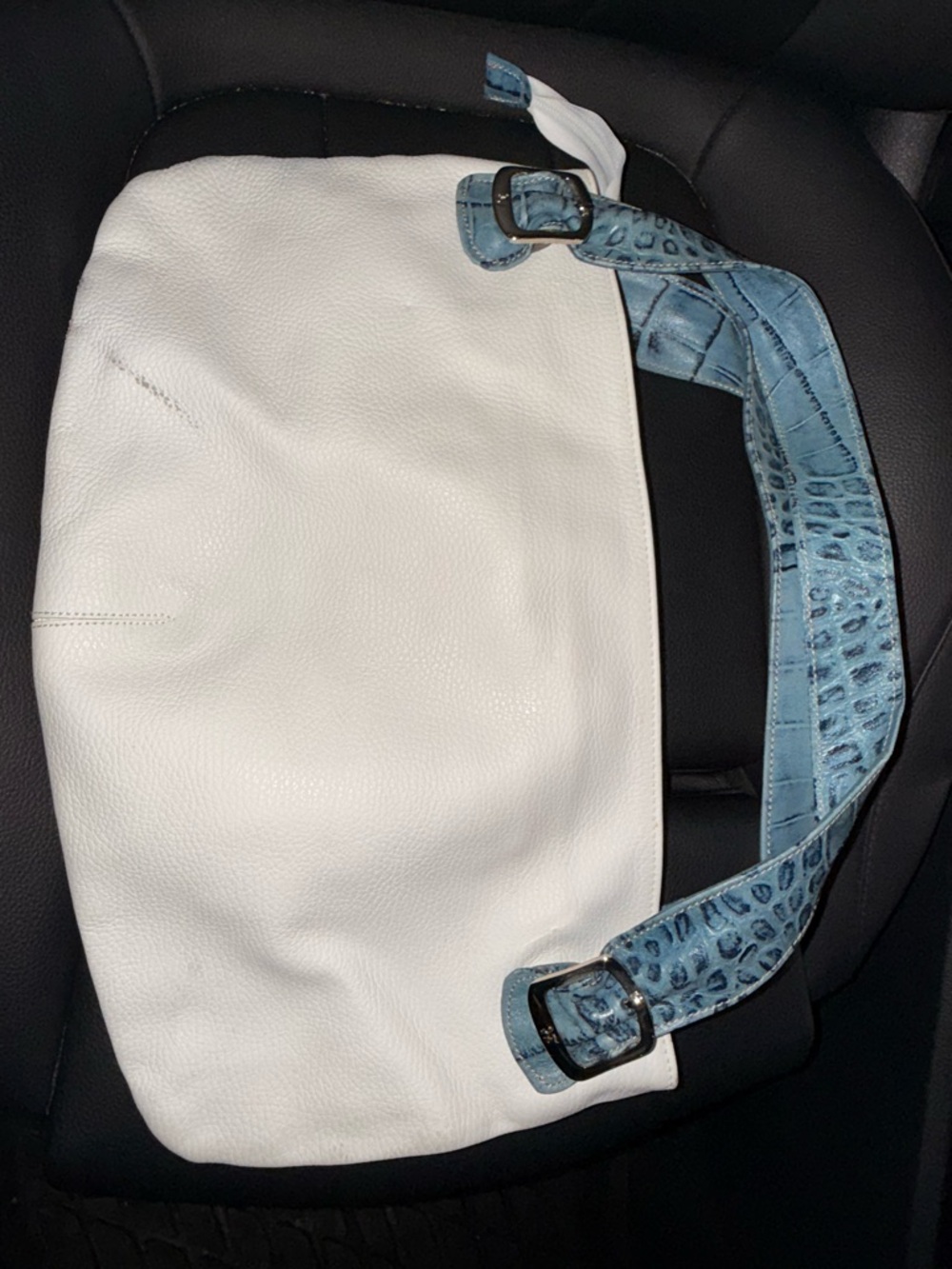 White Leather Shoulder Bag with Blue Croc-Effect Strap PETUSCO - Picture 2 of 16